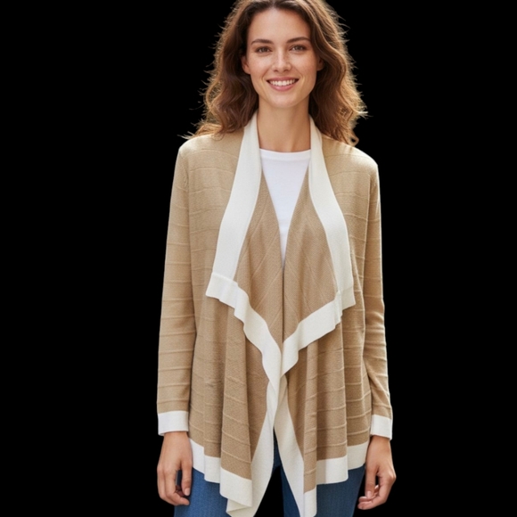 Misook neutral tan waterfall open front knit long drapey ottoman cardigan. Sz S - Picture 1 of 8